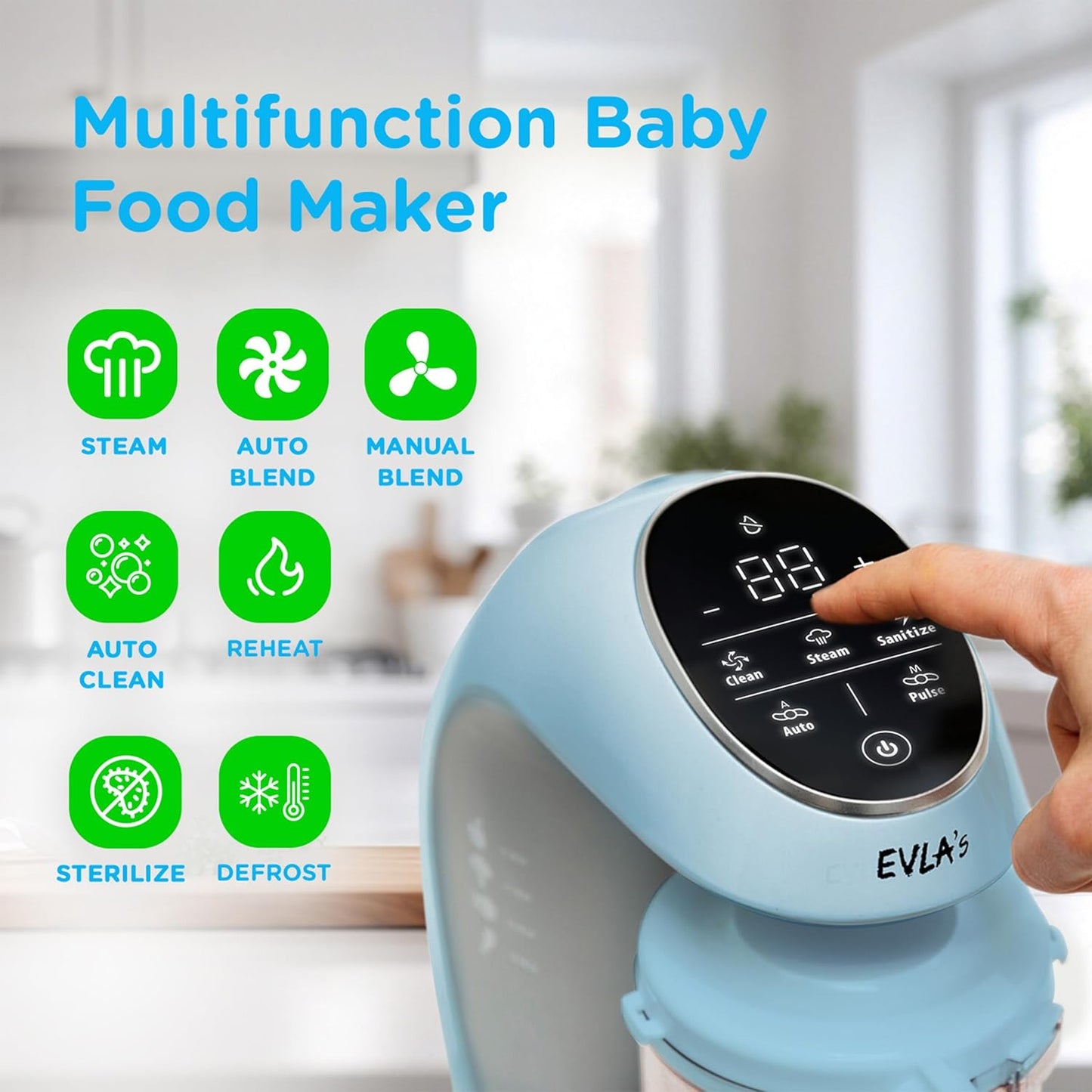 EVLA'S Baby Food Maker, Steamer, Blender, Baby Food Processor for Healthy Homemade Baby Food in Minutes, Touch Screen with 6 Reusable Food Pouches, Baby Registry Essential, White