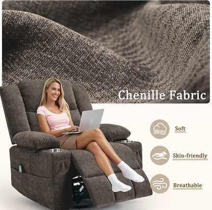 Korser 360° Swivel Rocker Recliner for Adults, Nursery Glider Recliner with Massage and Heating, Rocking Chair with Cup Holder, Manual Recliner Chair for Living Room, Bedroom (Fabric, Beige)