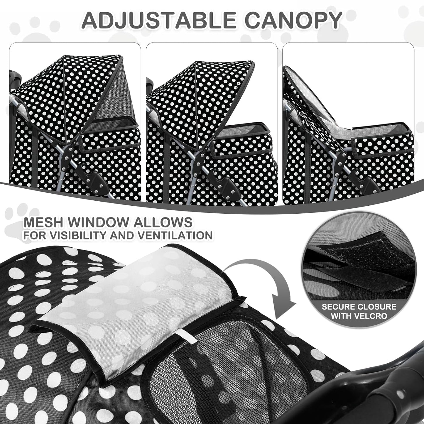 MoNiBloom Foldable Pet Stroller with Weather Cover, 3 Wheels Pet Strolling Cart for Small/Medium Dogs and Cats with Storage Basket and Cup Holder, Breathable and Visible Mesh for All-Season, Black
