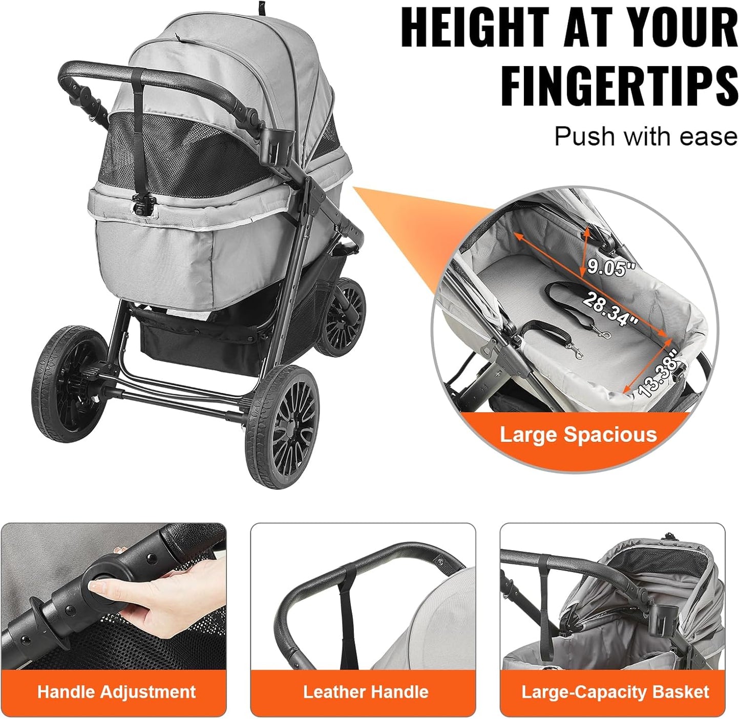VEVOR Pet Stroller, 44 lbs Weight Capacity, Foldable Dog Cart, 4 Wheels Cats Stroller with Mesh Windows & Revrsible Handle, Portable Pet Carrier with Brake, for Small to Medium Pets
