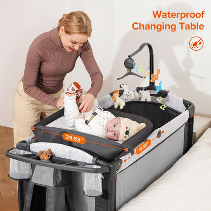 ELEMARA Wide Baby Bassinet Bedside with Diaper Changer,Long Next to Bed Crib with Mattress,Sheet,Music, Playpen Travel Bed with Storage (3 in 1 Baby Bassinet, 3 in 1 Full)