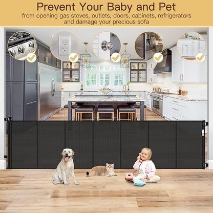 Reinforced 120 Inch Retractable Baby Gates Extra Wide Baby Gate to Prevent Crawling Through, Indoor/Outdoor Retractable Dog Gate, 10ft Scratch-resistant Mesh Child Gates for Doorways Extra Wide, Black
