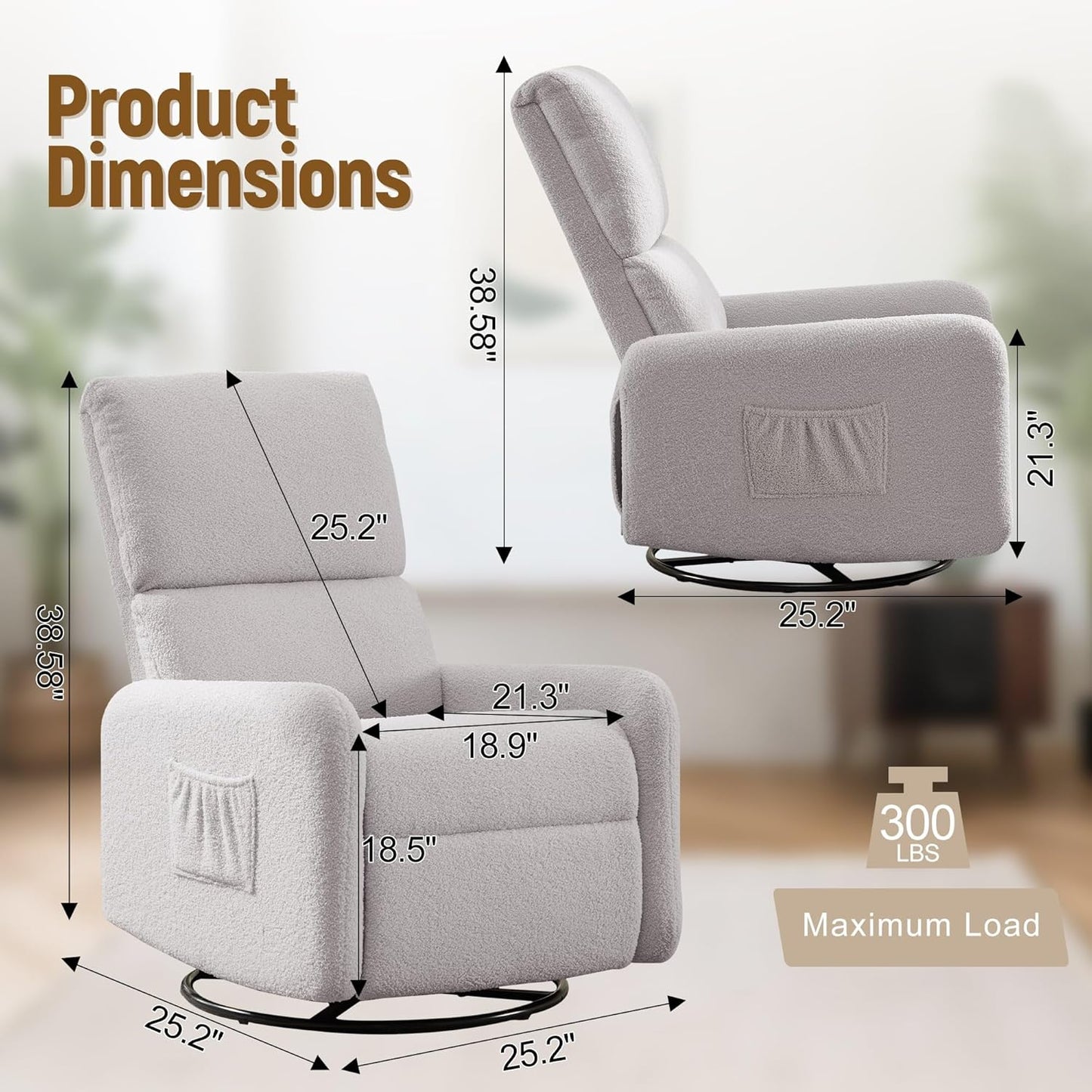 Korser 360° Rocking Chair, Nursery Rocker Chair with Side Pockets, Glider Nursing Chair with Steel Structure Base, Small Chair for Small Spaces, Sherpa Swivel Accent Chairs for Living Room, Nursing