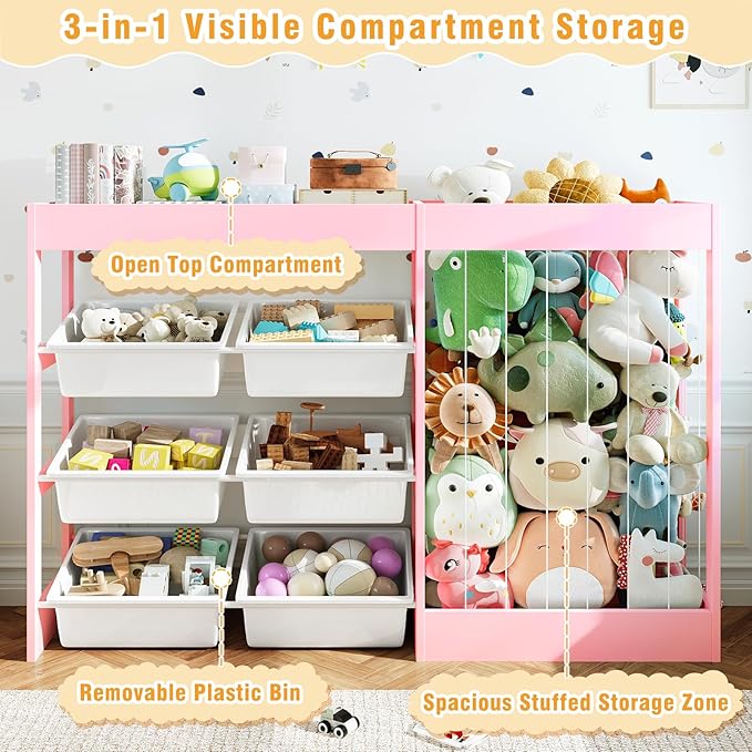 50.6" W Toy Organizers and Storage, 3-in-1 Kids Toy Storage Cabinet with Stuffed Animal Holder, 6 Plastic Removable Bins, Wooden Shelf for Girls Boys Playroom, Nursery, Kids Room(Pink)
