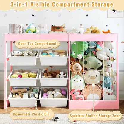 50.6" W Toy Organizers and Storage, 3-in-1 Kids Toy Storage Cabinet with Stuffed Animal Holder, 6 Plastic Removable Bins, Wooden Shelf for Girls Boys Playroom, Nursery, Kids Room(Pink)