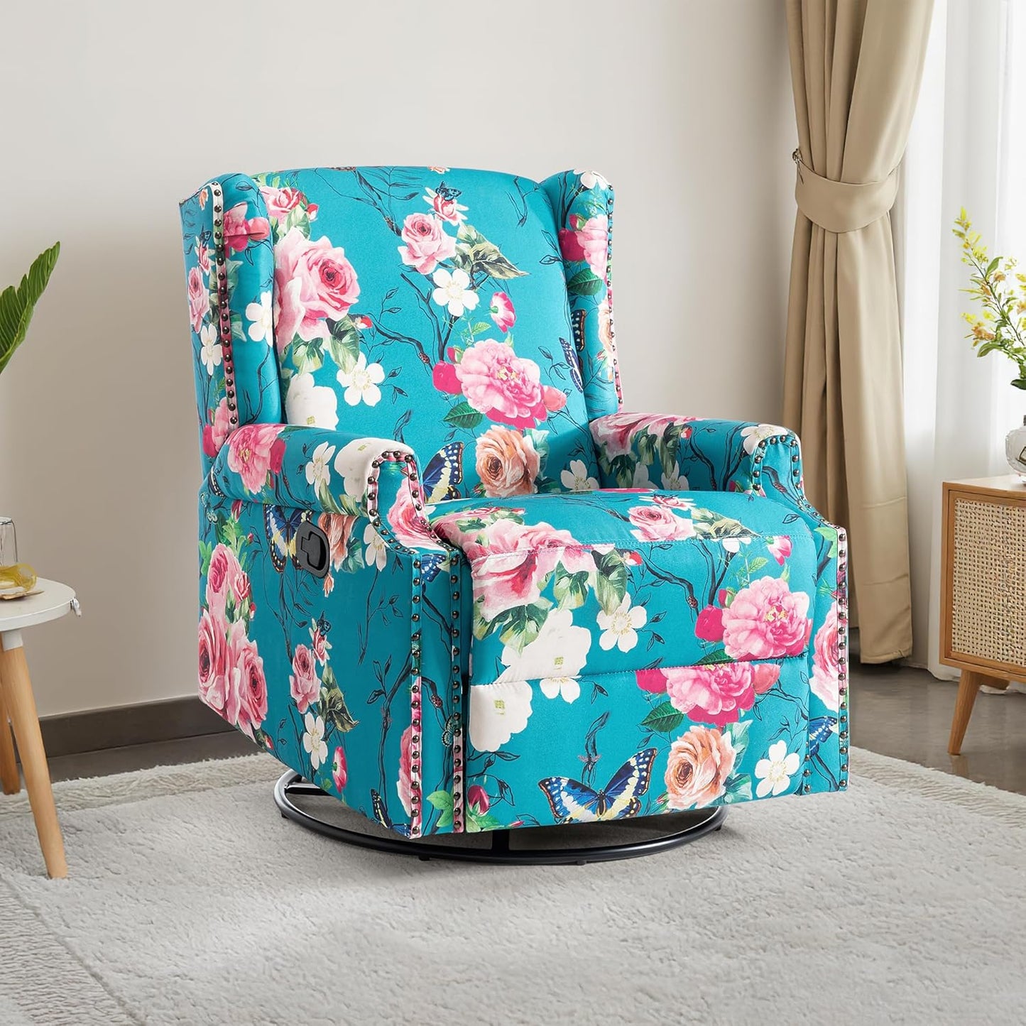 Swivel Rocker Recliner Chair, Manual Nursery Glider Recliner, Floral Fabric Wingback Accent Chair with Adjustable Backrest & Footrest for Small Spaces Living Room Bedroom (Plants Floral, Set of 1)
