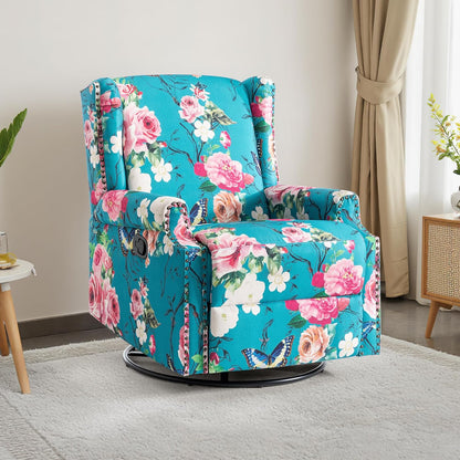 Swivel Rocker Recliner Chair, Manual Nursery Glider Recliner, Floral Fabric Wingback Accent Chair with Adjustable Backrest & Footrest for Small Spaces Living Room Bedroom (Plants Floral, Set of 1)