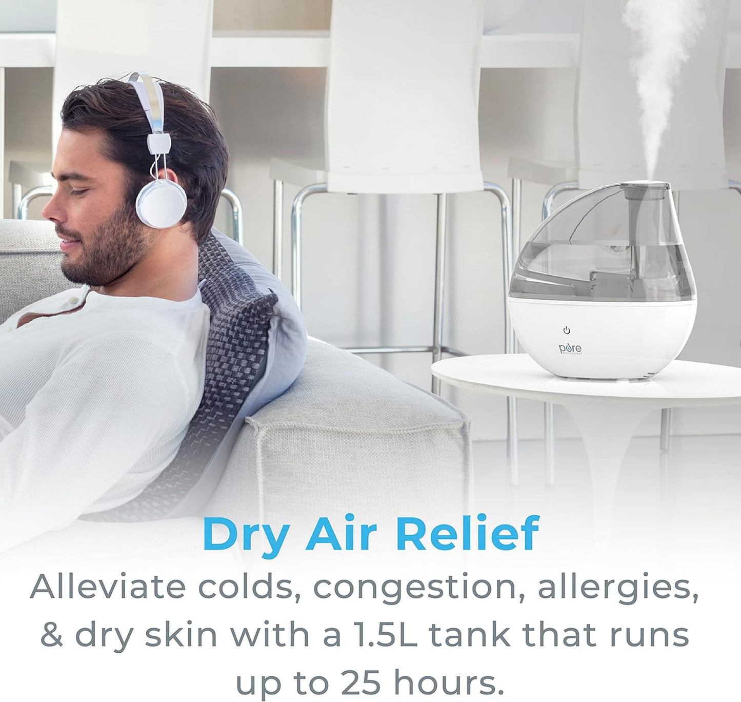 Pure Enrichment MistAire Silver Ultrasonic Cool Mist Humidifier for Bedroom, Office, Nursery & Indoor Plants - Lasts Up to 25 Hours, Whisper-Quiet Operation, Optional Night Light, & Auto Shut-Off