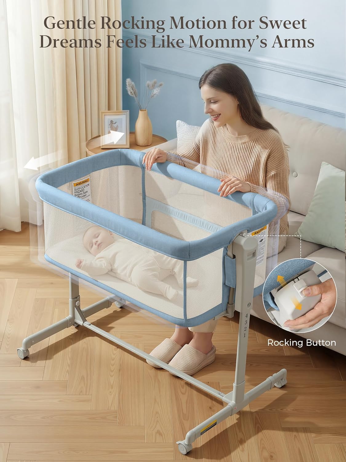 ONTHEWEI Baby Bassinet Bedside Sleeper 3-in-1, Easy Night Feeding with One-Side Fold & Rolling Wheels, Breathable Mesh, 6-Height Adjustable, Soft Mattress for Newborns