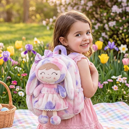 Gloveleya Back to School Gifts for Girls Backpack Plush Diaper Bag Detachabale Doll Tie-dye Purple and Soft Rabbit Design Aged 2+