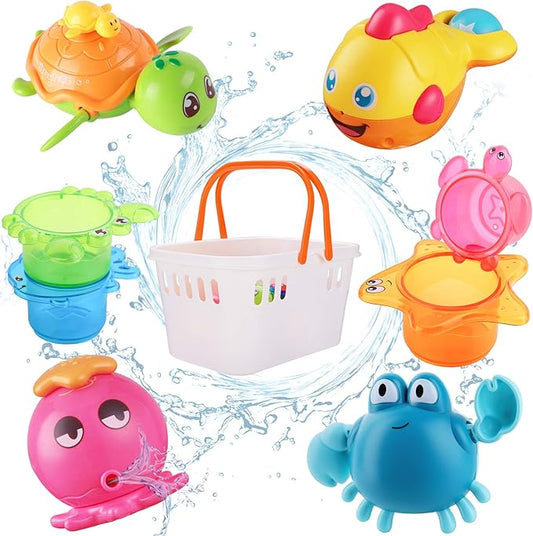 iPlay,iLearn Baby Bath Toys w/ Organizer, Infant Bathtub Shower Toy, Wind up Turtle, Water Squirt Octopus, Stacking Cup for Tub Pool, Birthday Gift 6 9 12 18 Month 1 2 3 Year Old Toddler Girl Boy Kid