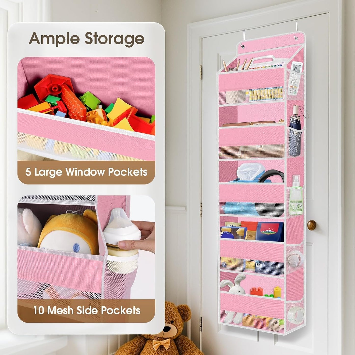 SpaceHacks 1 Pack Over The Door Organizer, Hanging Storage Organizer with Clear Window, 40lb Ultra Sturdy Large Capacity Room Organizer for Pantry Laundry Bathroom Nursery Closet Baby Essential (Grey)