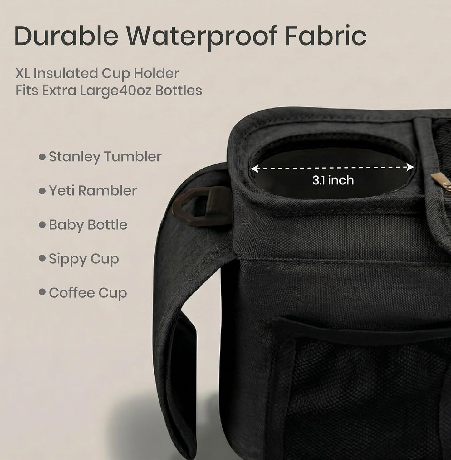 Universal Stroller Organizer, Grey - 2 Insulated Cup Holders - Non-Slip Stroller Caddy Bag - Detachable Phone Pouch - Fits Uppababy, Nuna - New Mom Essentials