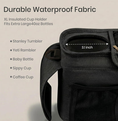 Universal Stroller Organizer, Grey - 2 Insulated Cup Holders - Non-Slip Stroller Caddy Bag - Detachable Phone Pouch - Fits Uppababy, Nuna - New Mom Essentials