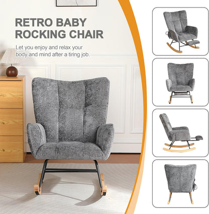 Rocking Chair Nursery with Airbag, Comfy Modern Nursery Rocking Reading Chair indoor with Footrest, Cozy Upholstered Glider Rocker Chairs for Living Room Bedroom Offices(Chenille, Dark Grey)