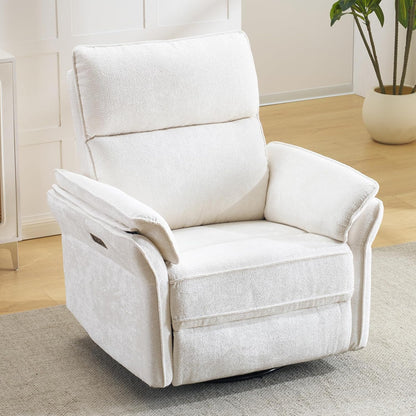 Oversized Swivel Rocker Recliner with Adjustable Headrest, Rocking Chair Nursery with Overstuffed Armrest, Manual Rocker Recliner Nursery Chair for Living Room, White
