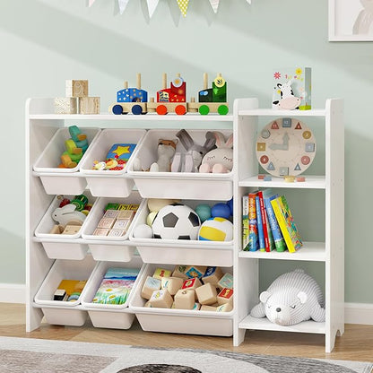 MallBest 4-Tier Kids' Toy Storage Organizer Shelf - 100% Solid Wood,Children's Storage Cabinet with 9 Plastic Bins and 3 Storage Ports(White-Single Color)