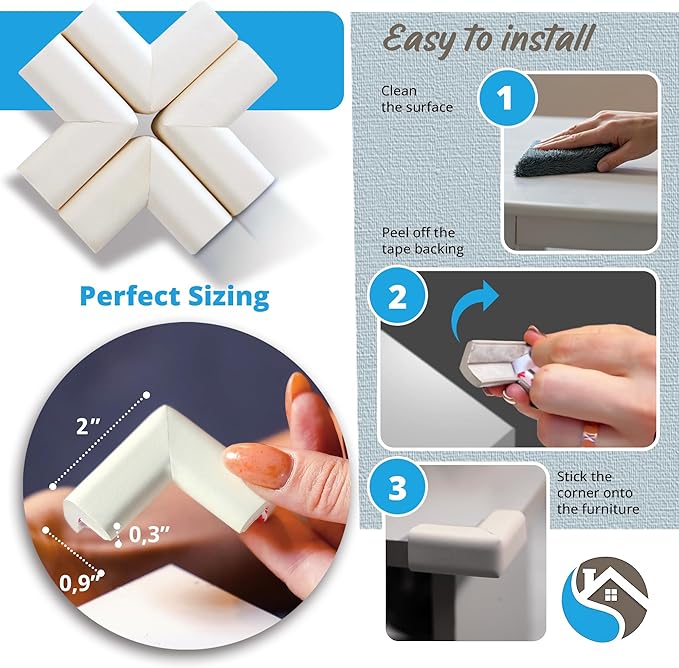 12-Pack Baby Proofing Corner Protectors, Furniture Corner and Edge Safety Bumpers, Soft Rubber Foam Cushion Covers, 3M Taped Corner Guards, Baby Child Proofing Pads for Tables & Furniture, White