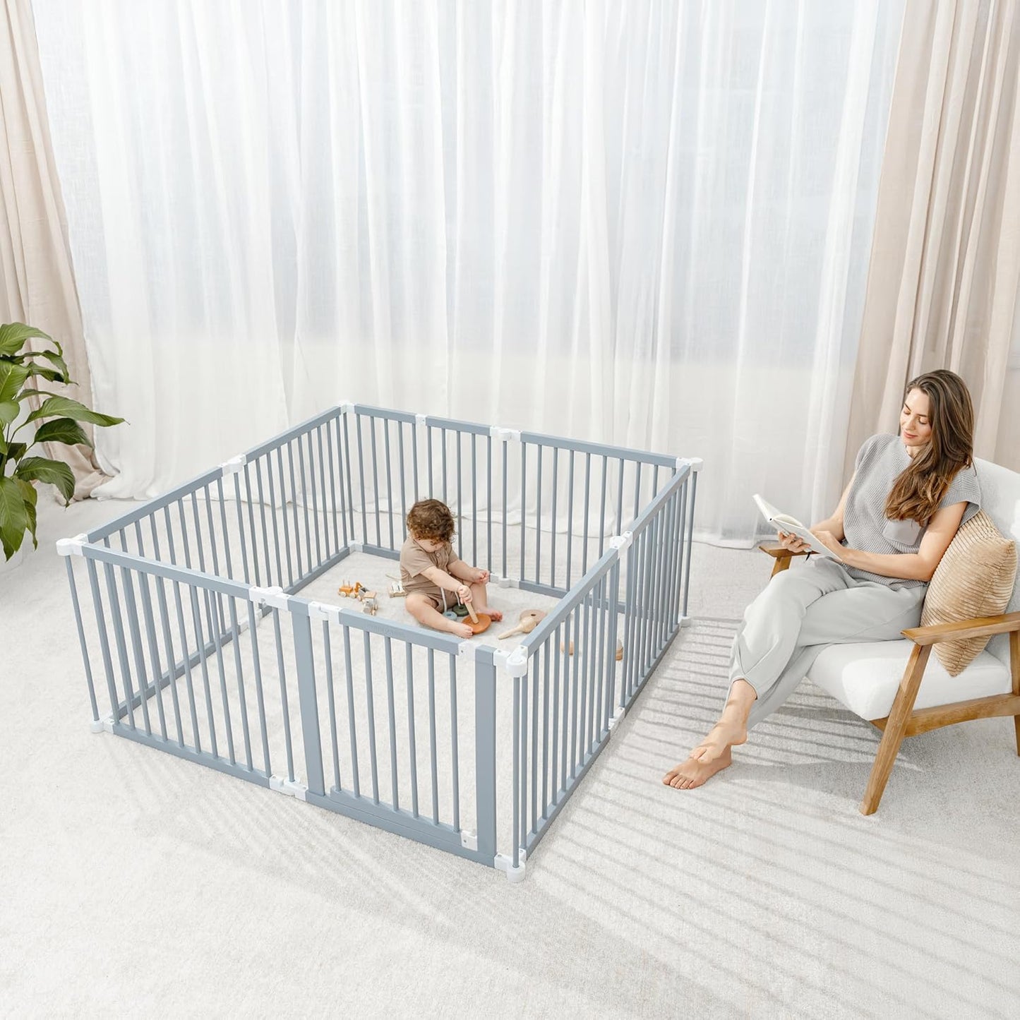 Comfy Cubs Baby Gate Playpen - 57 x 57 x 25 in, Extends Up to 228” - Pine Wood Foldable Playpen with Child-Proof Lock - Easy Assembly Baby Fence Play Area for Babies & Toddlers - Light Wood White