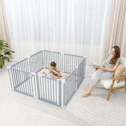 Comfy Cubs Baby Gate Playpen - 57 x 57 x 25 in, Extends Up to 228” - Pine Wood Foldable Playpen with Child-Proof Lock - Easy Assembly Baby Fence Play Area for Babies & Toddlers - Light Wood White