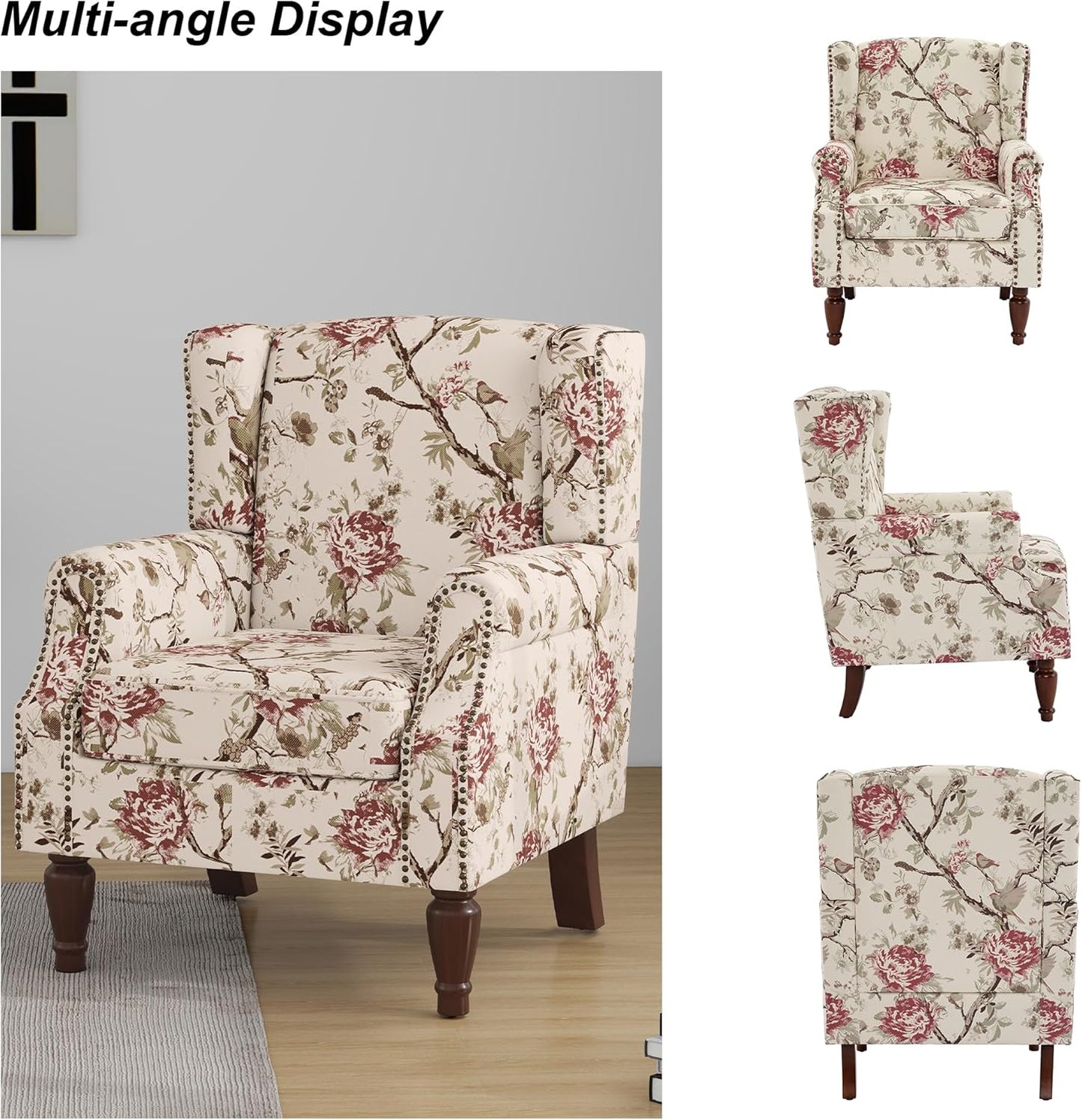 Swivel Rocker Recliner Chair, Manual Nursery Glider Recliner, Floral Fabric Wingback Accent Chair with Adjustable Backrest & Footrest for Small Spaces Living Room Bedroom (Plants Floral, Set of 1)
