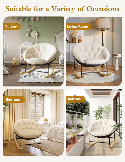 Kidirect Wide Rocking Chair Nursery, Comfy Saucer Nursery Rocking Chairs with Removable Cushion, Indoor Papasan Nursing Chair for Breastfeeding, Mecedora Para Adultos for Living Room & Bedroom (Cream)
