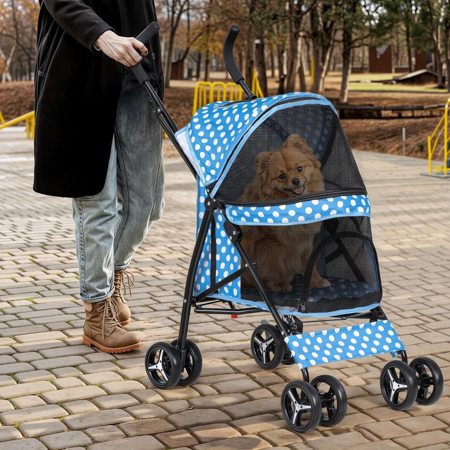 Magshion Compact Pet Stroller for Small-Medium Dogs/Cats up to 22lbs, 4-Wheel Lightweight Umbrella Shaped Portable Puppy Travel Jogger with Breathable Mesh, Cup Holder & Rear Storage, Black