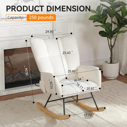 Nursery Rocking Chair Teddy Upholstered Glider Rocker Rocker Accent Chair with High Backrest Armchair Comfy Side Pocket Modern Rocking Accent Chairs for Living Room, Nursery, Office-Green