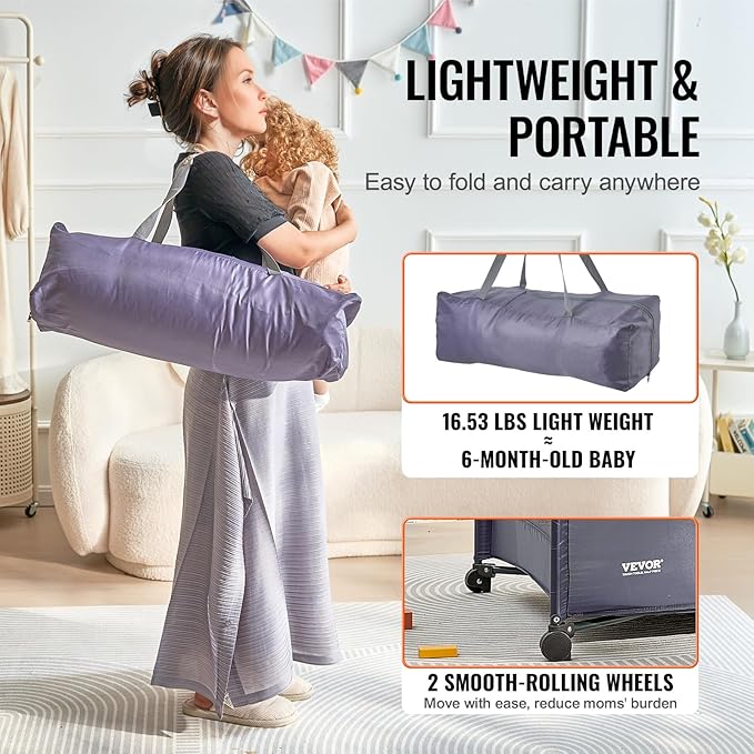 VEVOR Baby Travel Crib and Play Yard, Folding Baby Playpen with Soft Mattress Pad, Portable Toddlers Crib with Breathable Mesh and Travel Bag, Indoor/Outdoor Kid Activity Center for 0-36 Months Babies