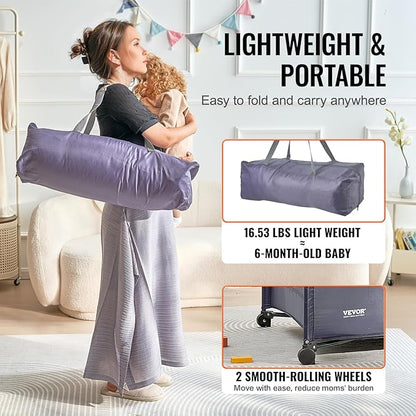 VEVOR Baby Travel Crib and Play Yard, Folding Baby Playpen with Soft Mattress Pad, Portable Toddlers Crib with Breathable Mesh and Travel Bag, Indoor/Outdoor Kid Activity Center for 0-36 Months Babies