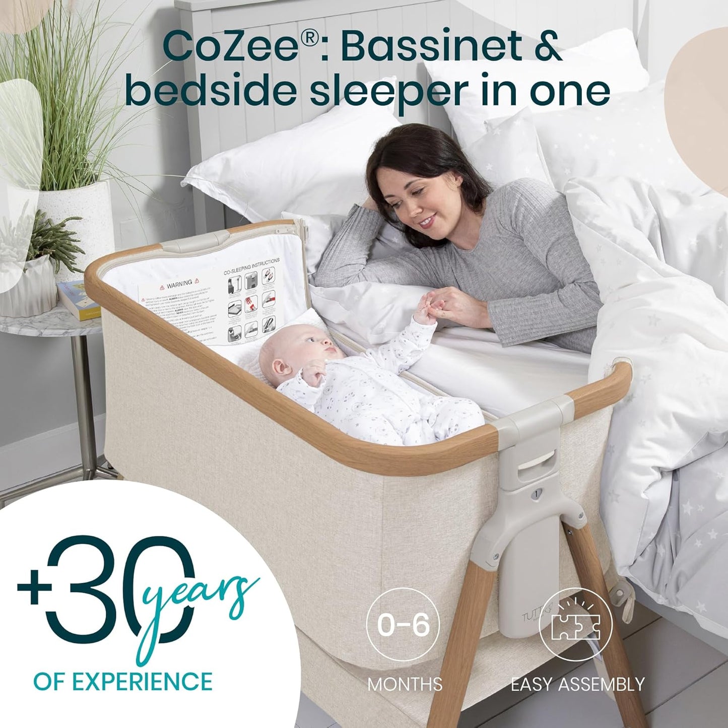 Tutti Bambini CoZee® 2-in-1 Baby Bassinet & Bedside Sleeper - Fast-Folding Bedside Bassinet, Baby Crib with 6 Mattress Heights & Breathable Mesh Window, Mattress Included, 0-6 Months (Oak & Charcoal)