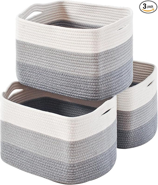 ICERZCZ Storage Baskets for Organizing Shelves, Woven Cotton Rope Baskets for Storage Books Towels Toys, Organizing Baskets, Toy Basket for Nursery Bathroom, 15"x11"x9.5", 3 Packs, Gradient Grey