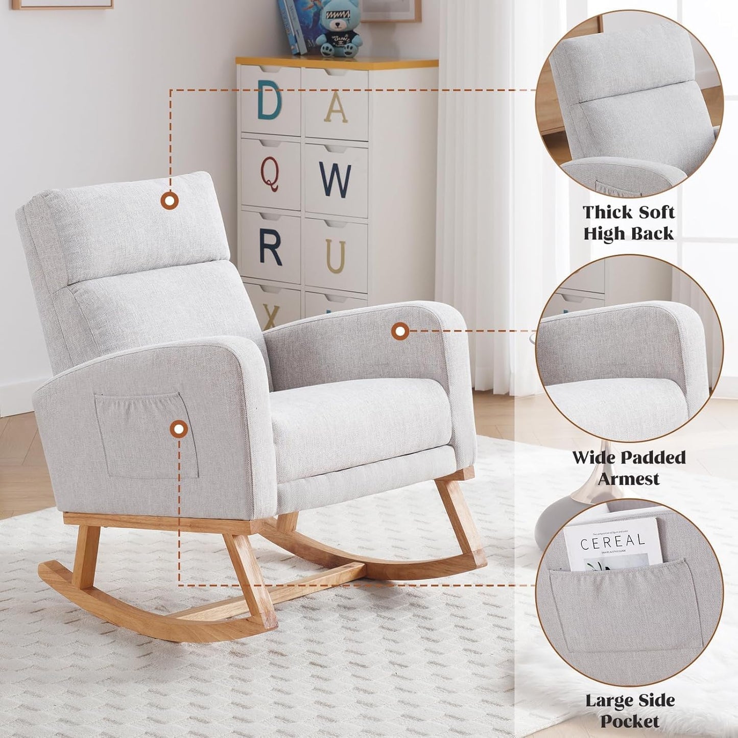 HCHAIRH Rocking Chair Nursery, Nursing Rocking Chairs with Foot Rest for Mom Nursery, Glider Rocker Chair with Footrest and High Backrest for Living Room, Bedroom, Beige