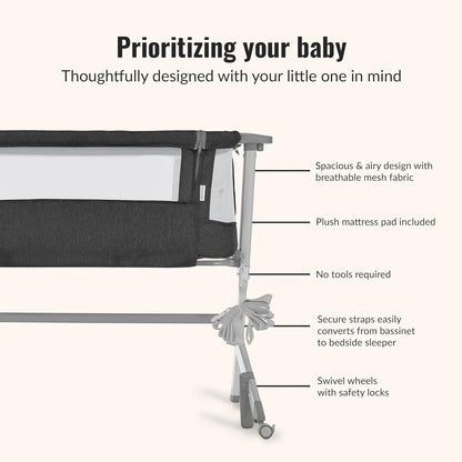 Dream On Me Skylar Bassinet and Bedside Sleeper, Adjustable Heights, Breathable Mesh Sides, Plush Mattress Pad, Wheels with Safety Locks & Tool-Free Assembly, Compact Fold & Travel Bag - Pink