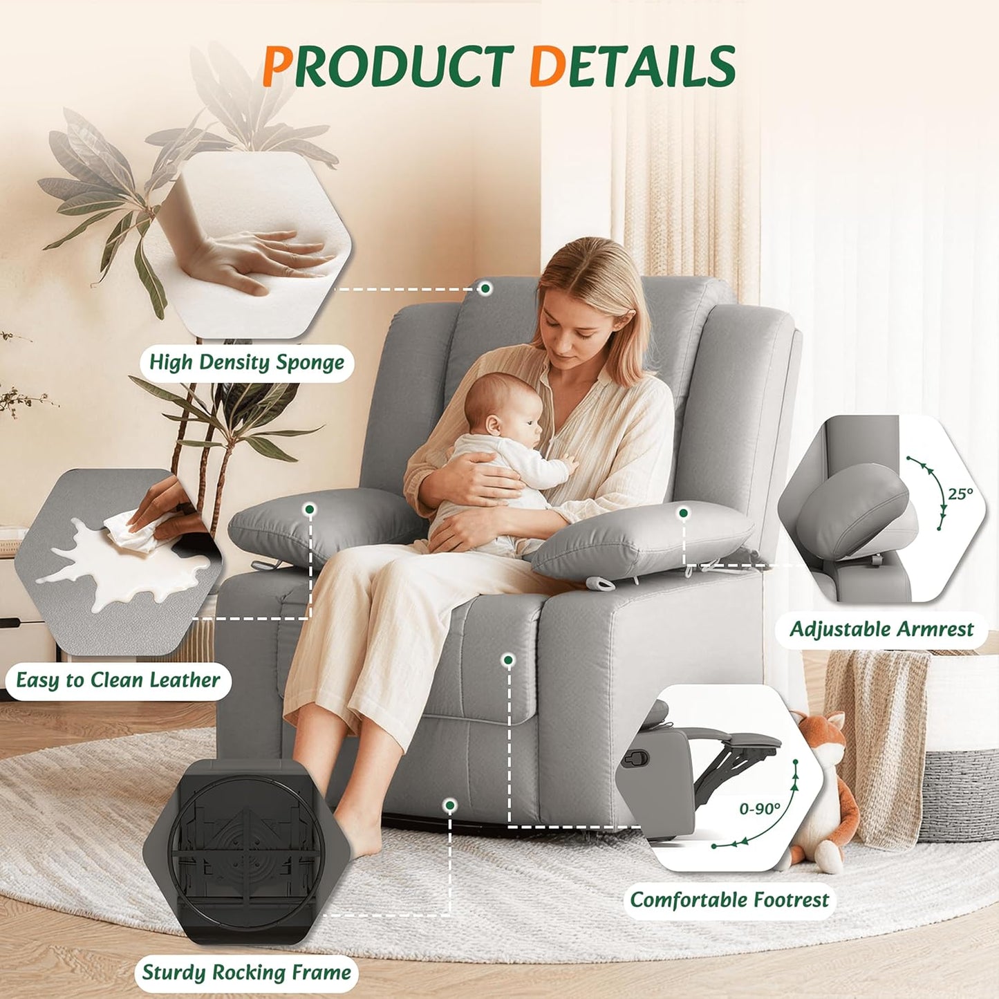 AILEEKISS Nursery Glider Recliner Chair with Adjustable Armrests, Swivel Rocking Recliner for Breastfeeding Moms, 360° Swivel, 30° Rocking, 90°-160° Recline, Easy-Clean Nursery Chair(White)