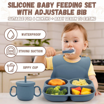 Silicone Baby Feeding Set, Baby Led Weaning Supplies, Baby Food Tableware Silicone Suction Plate, Bowl, Spoons, Fork, Waterproof Bib, Cup & Complementary Food Cake Mold, Baby Eating Utensils