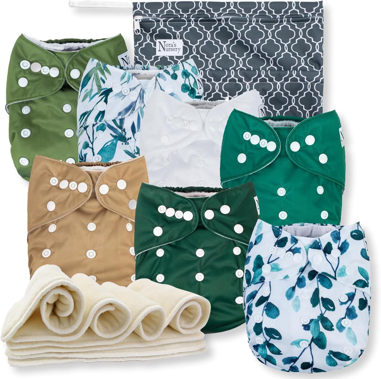 Nora's Nursery Cloth Diapers 7 Pack with 7 Inserts & 1 Wet Bag - Waterproof Cover, Washable, Reusable & One Size Adjustable Pocket Diapers for Newborns and Toddlers - Delilah