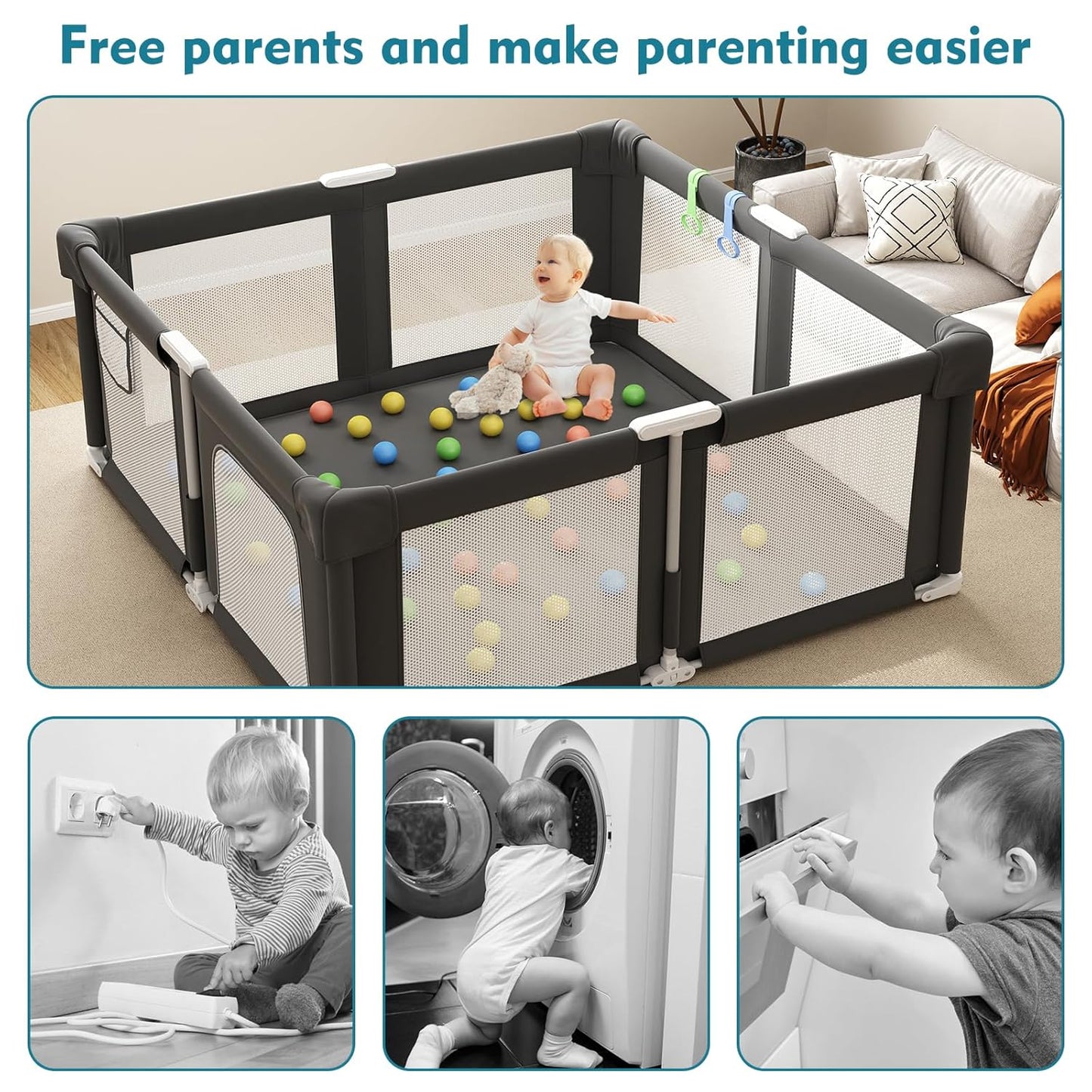 Foldable Playpen for Babies and Toddlers, 51" Portable Play Pen with Mat and Ocean Balls, Play Yard with with Visible Mesh for Inddor and Outdoor, No Assembly Required, Dark Gray