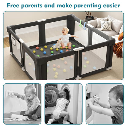 Foldable Playpen for Babies and Toddlers, 51" Portable Play Pen with Mat and Ocean Balls, Play Yard with with Visible Mesh for Inddor and Outdoor, No Assembly Required, Dark Gray
