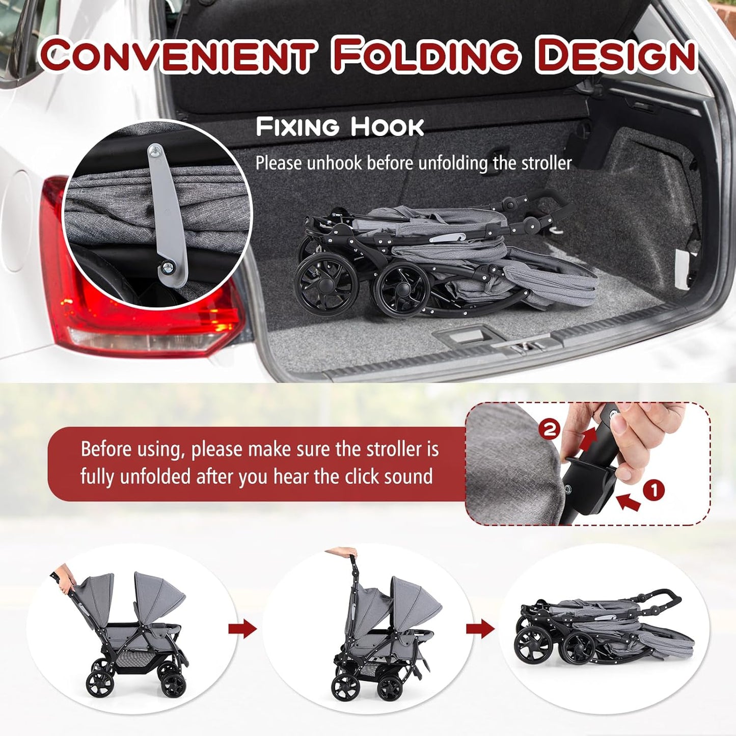 HONEY JOY Double Stroller, Foldable Lightweight Infant Twin with Tandem Seating, 5-Point Harness, Recline Seat, Storage Basket, Compact Baby Double Stroller Newborn and Toddler (Black)