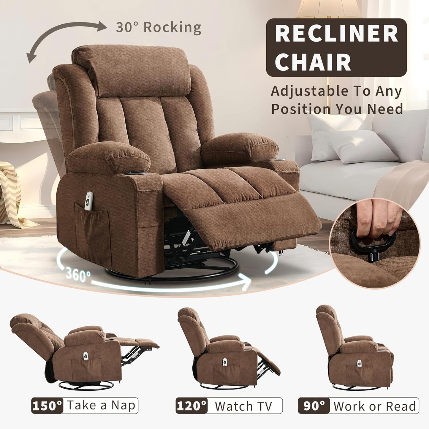 GarveeLife Rocking Recliner Chair for Nursery Glider Recliner with Cup Holder Swivel Rocker with Upholstered Deep Seat Comfy Single Sofa for Living Room Grey