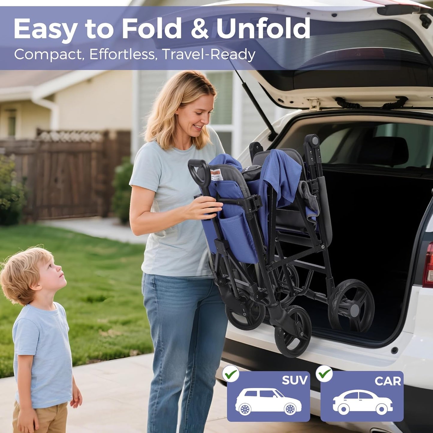 Stroller Wagon for 2 Kids with Canopy, Foldable All-Terrain Wagon Stroller with Adjustable Push/Pull Handle, Parent Organizer, 5-Point Harness, Ideal for Travel & Outdoor Adventures, Meadow Green