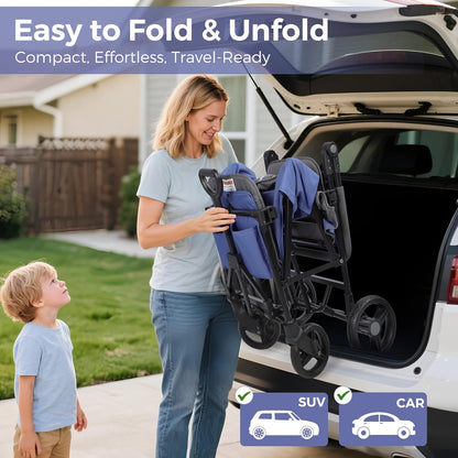 Stroller Wagon for 2 Kids with Canopy, Foldable All-Terrain Wagon Stroller with Adjustable Push/Pull Handle, Parent Organizer, 5-Point Harness, Ideal for Travel & Outdoor Adventures, Meadow Green