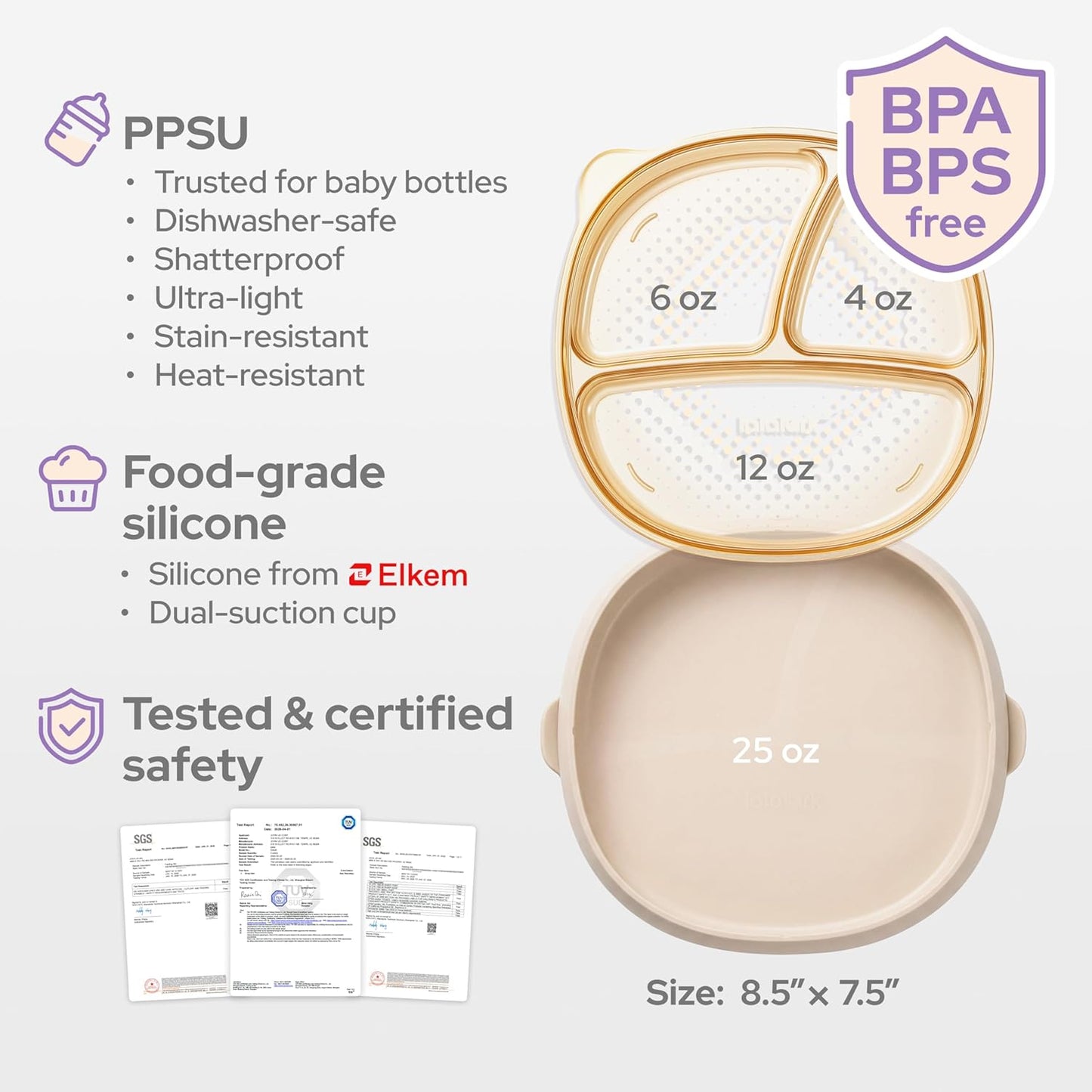 3-in-1 Baby Suction Plates for Toddlers 6-36 Months - Premium Bottle-Grade PPSU Silicone Divided Dishes, Stage-Based Self-Feeding Supplies, BPA Free Stain & Odor Resistant, Microwave Dishwasher Safe