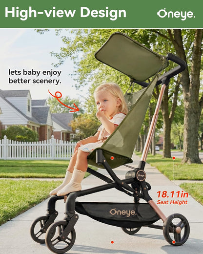 Oneye Travel Stroller for Airplane, Ultra Lightweight Baby Stroller for Toddlers with Canopy, Foldable & Compact Strollers with Jumbo Seat & Large Storage Basket,10.19lb,Stable & One-Hand Fold, Green