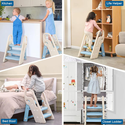 Onasti Foldable Toddler Step Stool for Bathroom Sink, Adjustable 3 Step Stool for Kids Toilet Potty Training Stool with Handles, Child Kitchen Counter Stool Helper, Plastic Ladder for Toddlers Pink