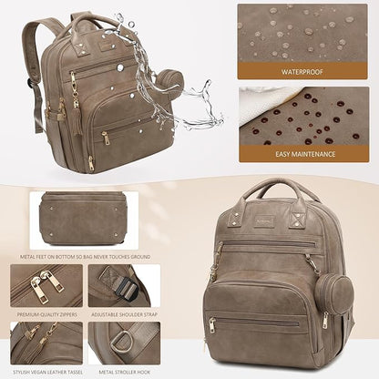 ROSEGIN Premium Vegan Leather Diaper Bag Backpack with Waterproof Changing Pad, Reinforced Zippers & Odor-Free, 20 Pockets Pro Organizer, Fits 15.6" Laptop, Stroller Straps, Baby Bag for Mom, Taupe