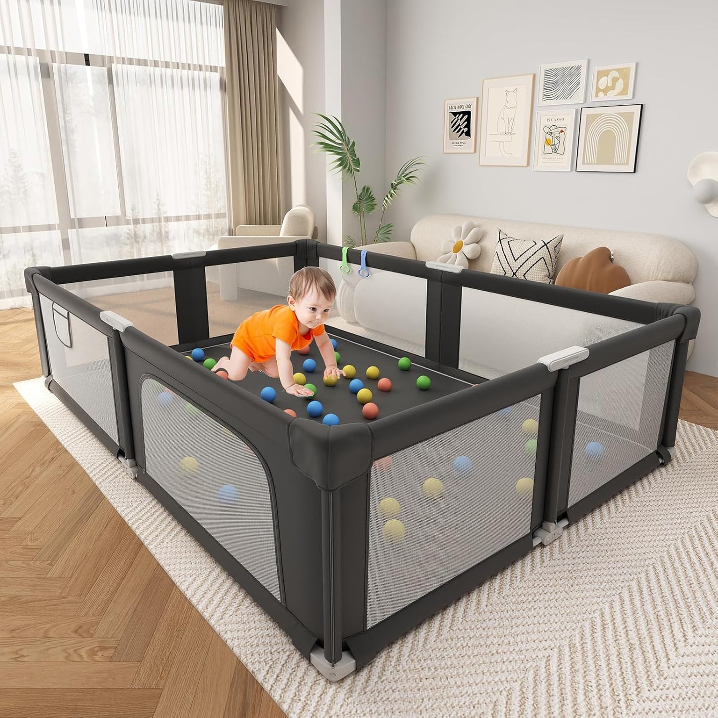 Foldable Playpen for Babies and Toddlers, 51" Portable Play Pen with Mat and Ocean Balls, Play Yard with with Visible Mesh for Inddor and Outdoor, No Assembly Required, Dark Gray