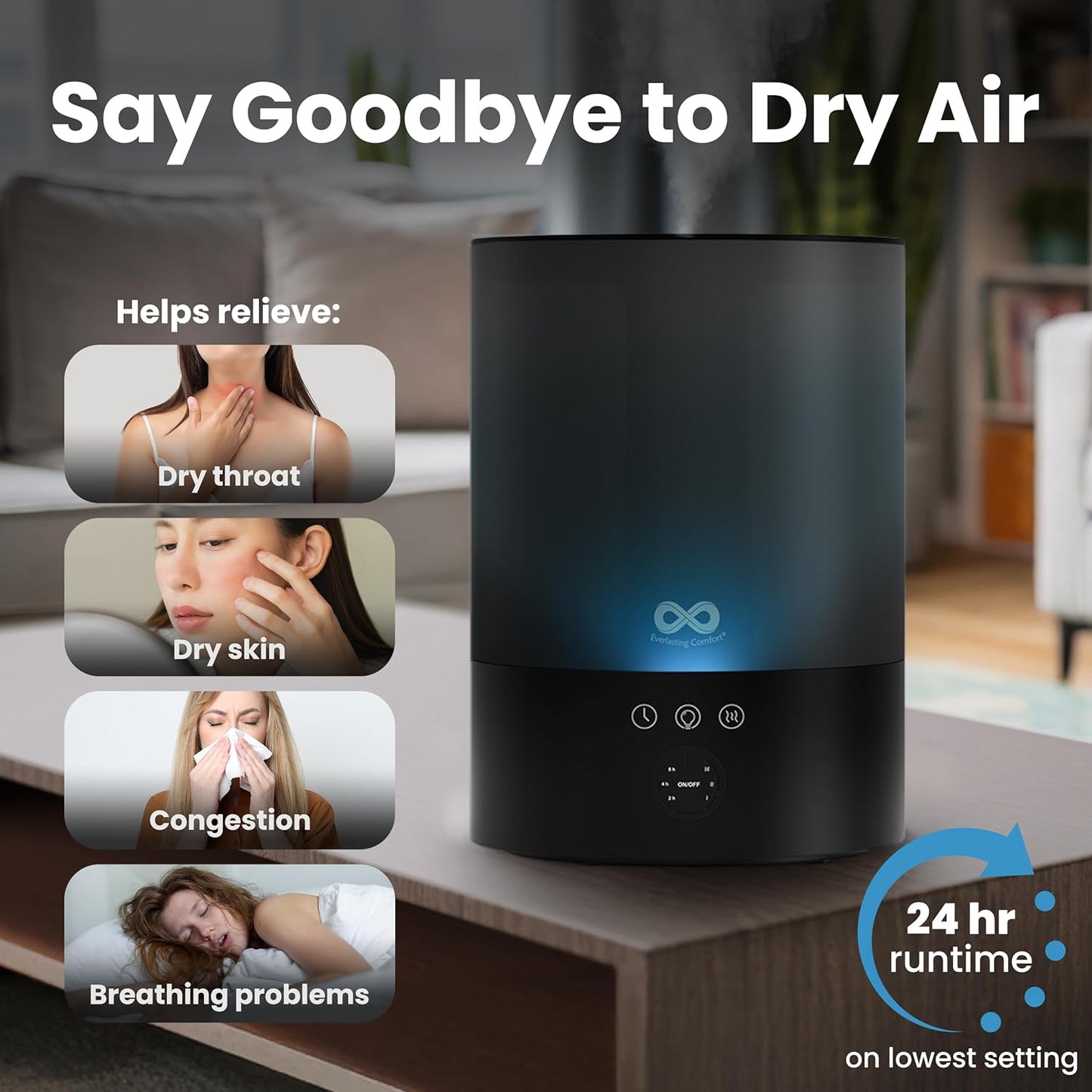 Everlasting Comfort 2.5L Top Fill Humidifier for Bedroom – Quiet, Easy to Fill & Clean, 24HR Runtime, Night Lights, Timer, Ultrasonic Cool Mist, Auto Shut-Off, Essential Oil Diffuser - White