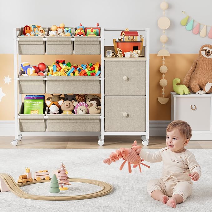 Modanais Kids Toy Organizers and Storage Bins - 7 Storage Bins + 2 Fabric Drawers + 1 Bookshelf, Playroom Storage, Mobile Cart Organizer for Toy, Clothes, Blankets and Books - Off White